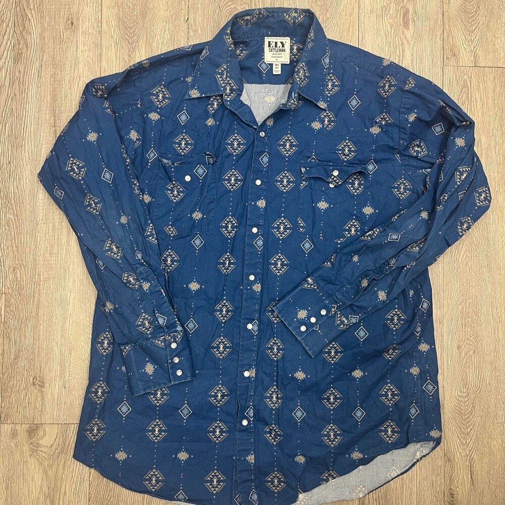 Ely cattleman Aztec western blue pearl snap button-up shirt